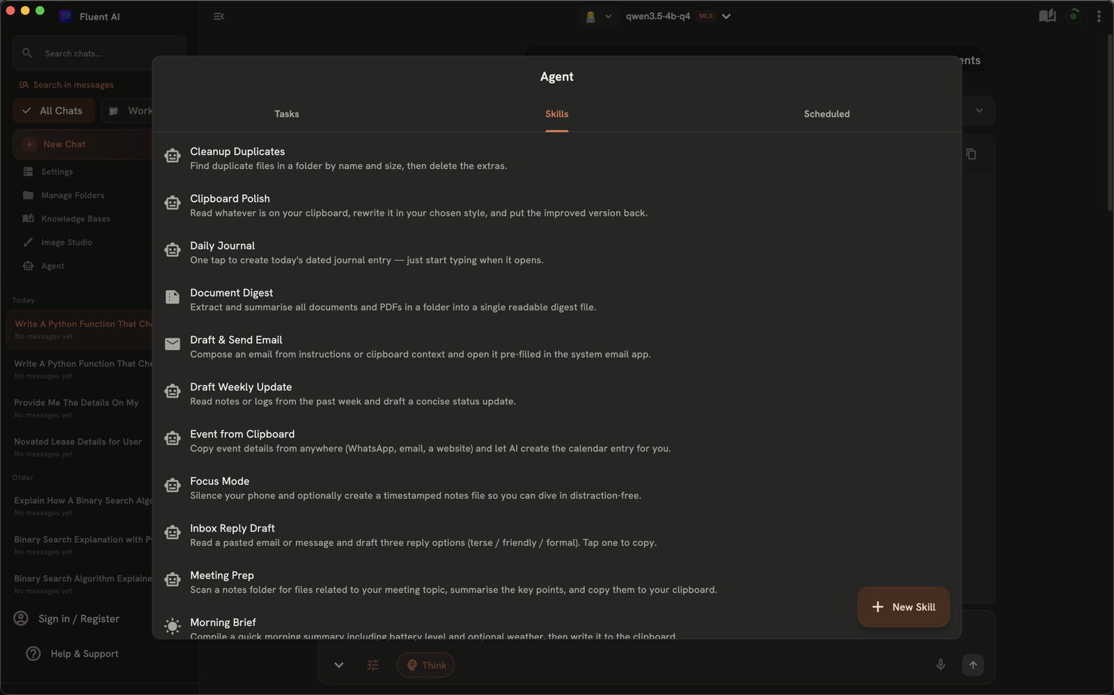 FluentAI's built-in agent skills on macOS