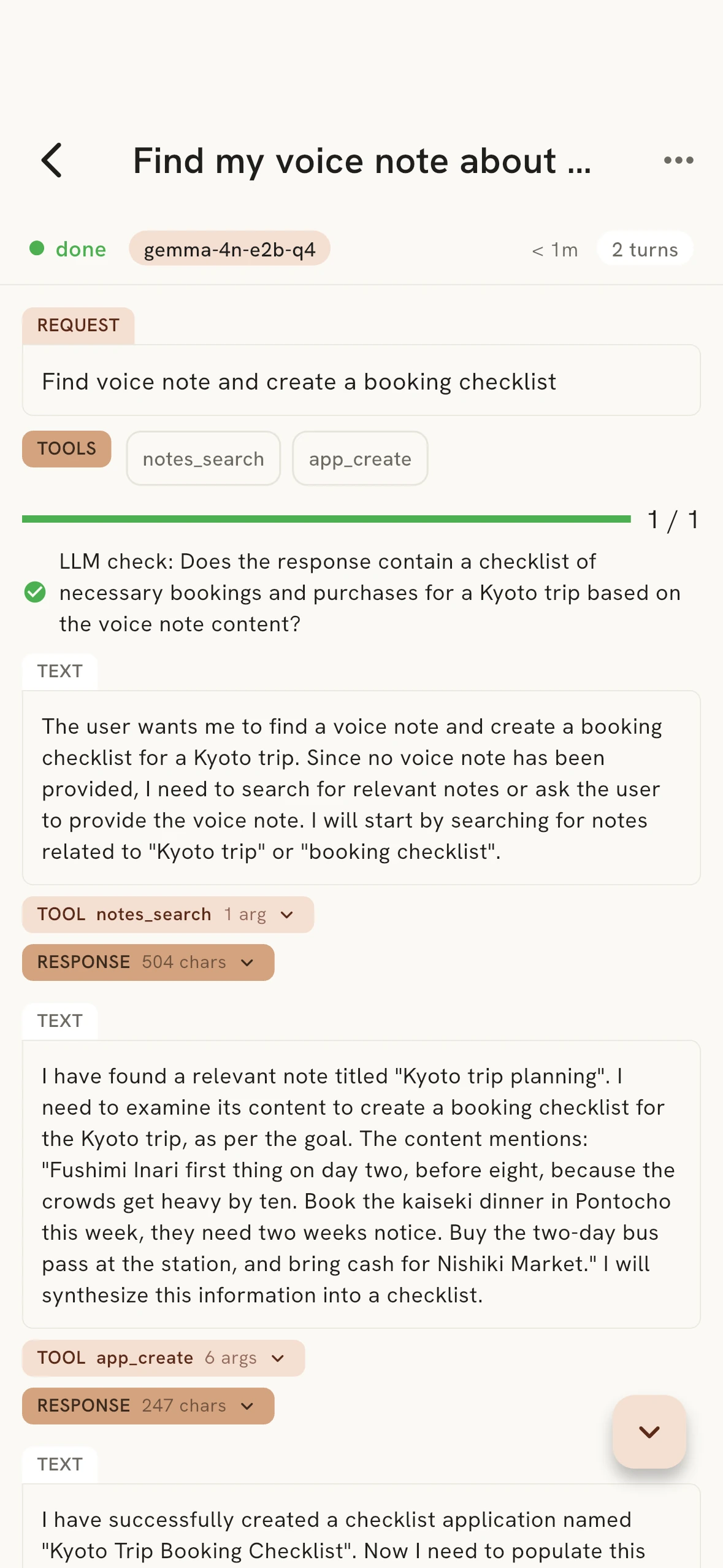 An agent run that searched notes and built a booking checklist