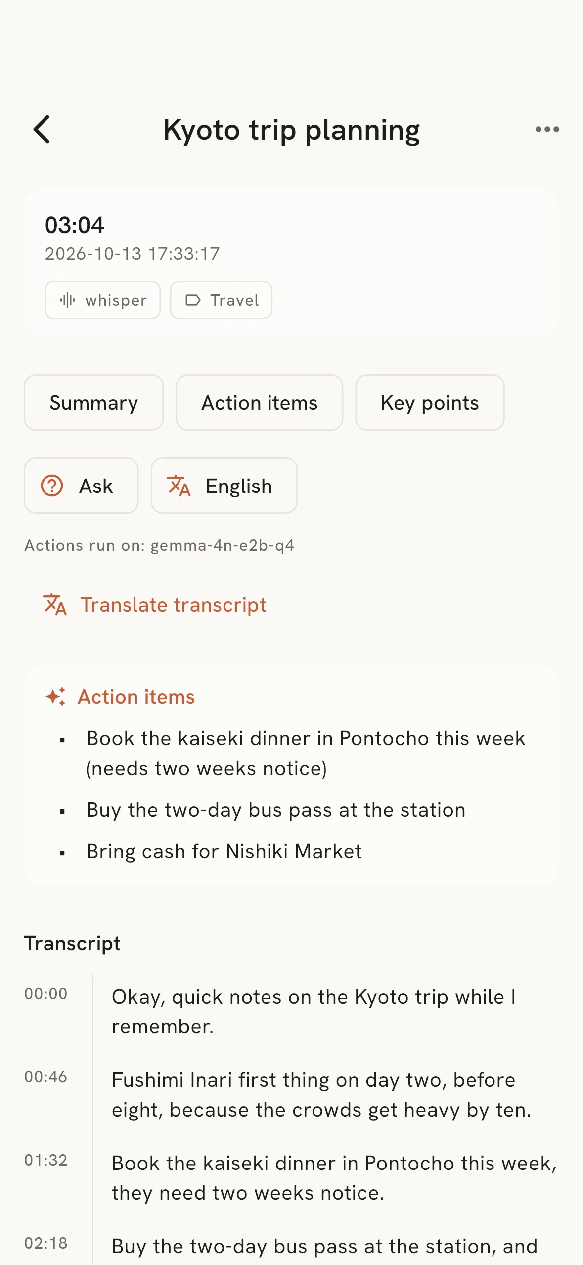 A transcribed voice note with AI-generated action items